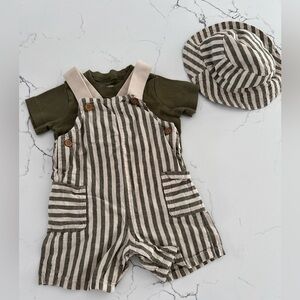 Carter’s Green Striped Linen Overalls Hat and Tee Set